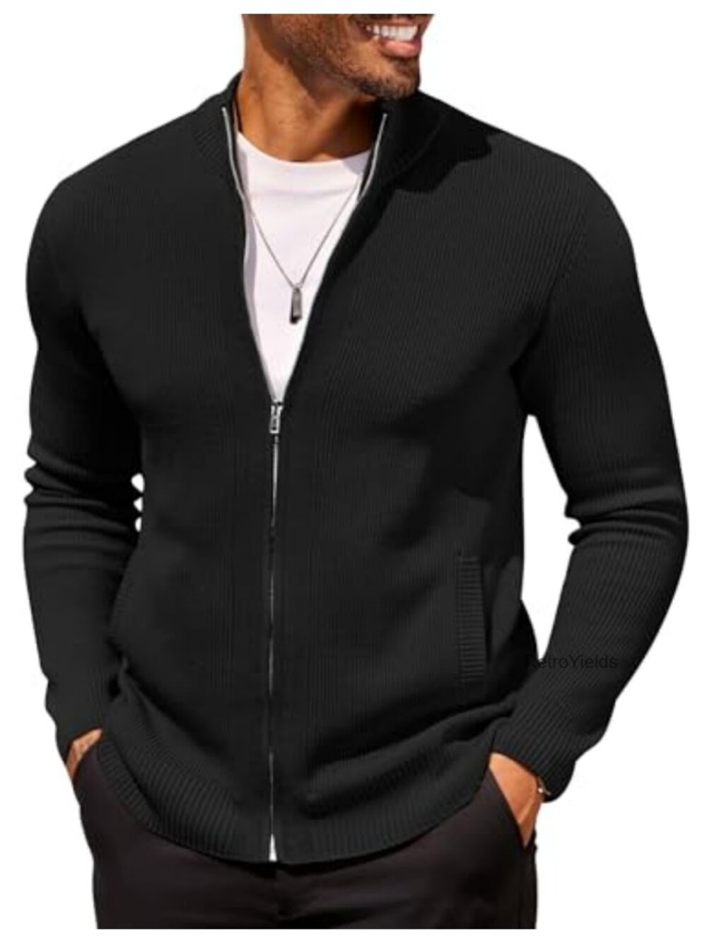 Mens Zip Up Cardigan Sweater Slim Fit Full Zip Knit Stand Collar Cardigans with